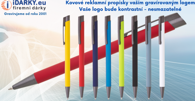 Firemní kovové propisky s gravírováním. Reklamní předměty, reklamní dárky.